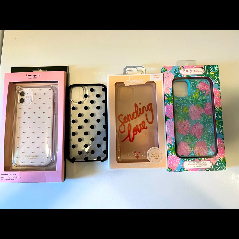 Assortment of iPhone 11 phone cases. Kate Spade, Sonix & Lilly Pulitzer